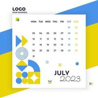 mes de julio, publicidad, impresión, afiche en colores azul y amarillo, calendario geométrico 2023 vector