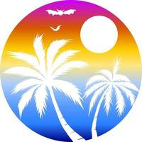 The illustrations and clipart, coconut trees on the beach with a background sunset in an ellipse frame vector