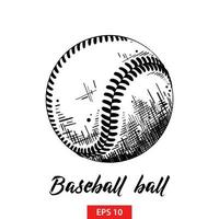 Vector engraved style illustration for posters, decoration and print. Hand drawn sketch of baseball or softball ball in black isolated on white background. Detailed vintage etching style drawing.