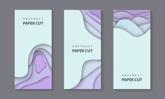 Vector vertical flyers with neon color paper cut waves shapes. 3D abstract paper style, design layout for business presentations, flyers, posters, prints, decoration, cards, brochure cover, banners.