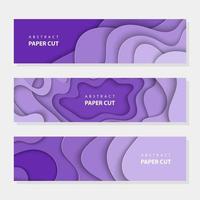 Paper cut waves shape abstract template, trendy deep violet background. Horizontal banners, cover layout, social media design. 3D abstract paper art style. vector