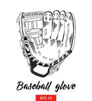 Vector engraved style illustration for posters, decoration and print. Hand drawn sketch of baseball glove in black isolated on white background. Detailed vintage etching style drawing.