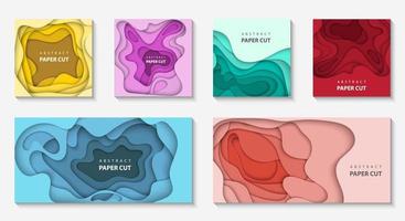 Vector set of 6 backgrounds with different colors paper cut shapes. 3D abstract paper art style, design layout for business presentations, flyers, posters, prints, decoration, cards, brochure cover.