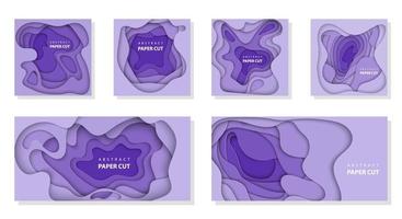 Vector set of 6 backgrounds with deep violet color paper cut shapes. 3D abstract paper art style, design layout for business presentations, flyers, posters, prints, decoration, cards, brochure cover.