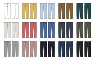 Set of jogger pants with pockets. Technical sketch collection. Kids trousers design template bundle. vector