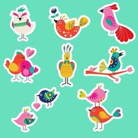 Collection of different stickers of cartoon birds. Vector