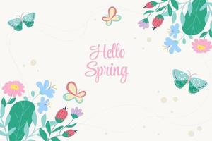 Hello spring. Spring background with butterflies and flowers vector