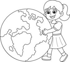 Girl Holding Earth Isolated Coloring Page vector