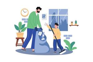 Father And Son Are Collecting Garbage At Home vector