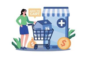 A Girl Adds A House To Her Shopping Cart vector