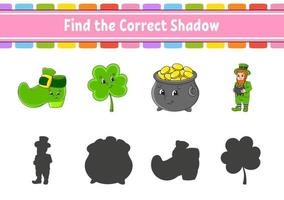 Find the correct shadow. Education developing worksheet. Matching game for kids. Color activity page. Puzzle for children. Cute character. Vector illustration.