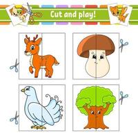 cortar y jugar. tarjetas flash rompecabezas de colores hoja de trabajo de desarrollo educativo. pagina de actividades juego para niños. estilo de dibujos animados personaje divertido ilustración vectorial vector