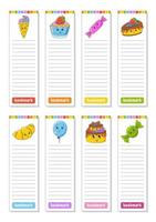 Set of paper bookmarks for books with cute cartoon characters. For kids. Isolated on white background. Vector illustration.