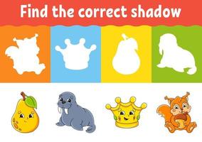 Find the correct shadow. Education worksheet. Matching game for kids. Color activity page. Puzzle for children. cartoon character. Vector illustration.