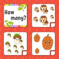 Counting game for children. Happy characters. Learning mathematics. How many object in the picture. Education worksheet. With space for answers. Vector illustration.