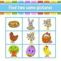 Find two same pictures. Task for kids. Education developing worksheet. Activity page. Color game for children. Easter theme. Funny character. Isolated vector illustration. cartoon style.