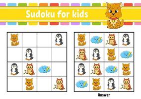 Sudoku for kids. Education developing worksheet. cartoon character. Color activity page. Puzzle game for children. Logical thinking training. Vector illustration.