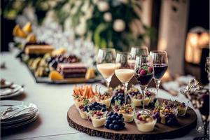 Serving table of a variety of delicious festive food and wine prepared for event party or wedding photo