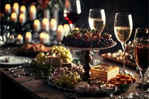 Serving table of a variety of delicious festive food prepared in warm and cozy Hygge Photo. Selective focus Pro Photo