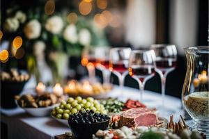 Serving table of a variety of delicious festive food and wine prepared for event party or wedding photo