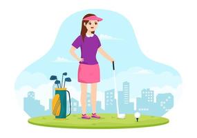 ilustración de deporte de golf con banderas, carro, palos, campo verde y búnker de arena para diversión al aire libre o estilo de vida en plantillas planas dibujadas a mano vector