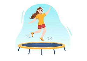 Trampoline Illustration with Youth Jumping On a Trampolines in Hand Drawn Flat Cartoon Summer Outdoor Activity Background Template vector