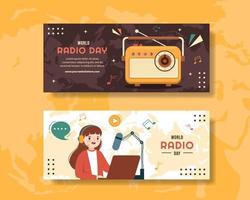 ilustración de plantillas de fondo dibujadas a mano de dibujos animados planos de banner del día mundial de la radio vector