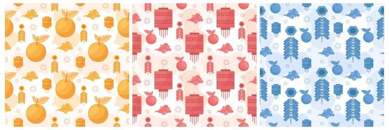 Set of Chinese Lunar New Year 2023 Day Seamless Pattern Decoration Template Hand Drawn Cartoon Flat Illustration