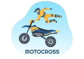 ilustración de motocross con un ciclista montando una bicicleta a través de barro, caminos rocosos y aventura en una plantilla dibujada a mano de dibujos animados planos de deportes extremos vector