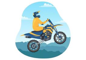 ilustración de motocross con un ciclista montando una bicicleta a través de barro, caminos rocosos y aventura en una plantilla dibujada a mano de dibujos animados planos de deportes extremos vector