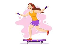 ilustración de patineta con patinadores saltando usando tablero en trampolín en skatepark en plantillas dibujadas a mano de dibujos animados de estilo plano de deporte extremo vector