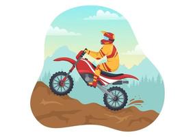 ilustración de motocross con un ciclista montando una bicicleta a través de barro, caminos rocosos y aventura en una plantilla dibujada a mano de dibujos animados planos de deportes extremos vector