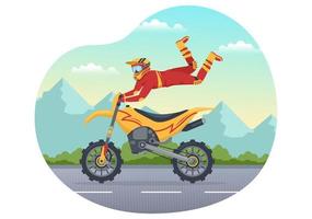 ilustración de motocross con un ciclista montando una bicicleta a través de barro, caminos rocosos y aventura en una plantilla dibujada a mano de dibujos animados planos de deportes extremos vector