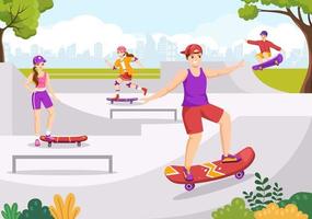 Skateboard Illustration with Skateboarders Jump using Board on Springboard in Skatepark in Extreme Sport Flat Style Cartoon Hand Drawn Templates vector