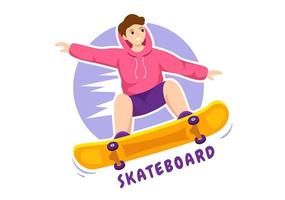 ilustración de patineta con patinadores saltando usando tablero en trampolín en skatepark en plantillas dibujadas a mano de dibujos animados de estilo plano de deporte extremo vector