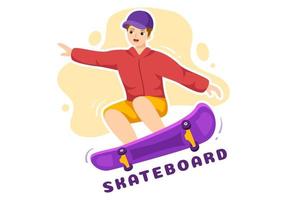 ilustración de patineta con patinadores saltando usando tablero en trampolín en skatepark en plantillas dibujadas a mano de dibujos animados de estilo plano de deporte extremo