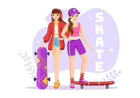 ilustración de patineta con patinadores saltando usando tablero en trampolín en skatepark en plantillas dibujadas a mano de dibujos animados de estilo plano de deporte extremo vector