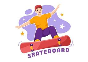 ilustración de patineta con patinadores saltando usando tablero en trampolín en skatepark en plantillas dibujadas a mano de dibujos animados de estilo plano de deporte extremo