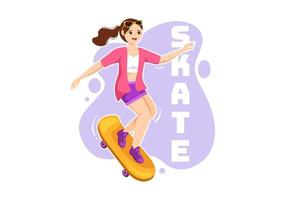 ilustración de patineta con patinadores saltando usando tablero en trampolín en skatepark en plantillas dibujadas a mano de dibujos animados de estilo plano de deporte extremo vector