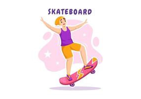 ilustración de patineta con patinadores saltando usando tablero en trampolín en skatepark en plantillas dibujadas a mano de dibujos animados de estilo plano de deporte extremo vector