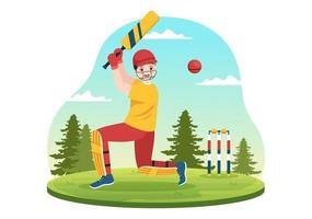 Batsman Playing Cricket Sport Illustration with Bat and Balls in the Field for Championship in Flat Cartoon Hand Drawn Templates vector