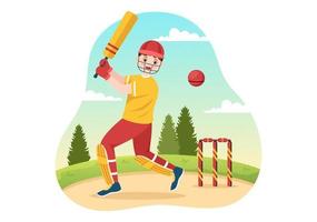 bateador jugando ilustración de deporte de cricket con bate y pelotas en el campo para el campeonato en plantillas planas dibujadas a mano de dibujos animados vector