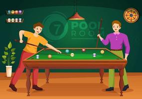 Billiards Game Illustration with Player Pool Room with Stick, Table and Billiard Balls in Sports Club in Flat Cartoon Hand Drawn Templates vector