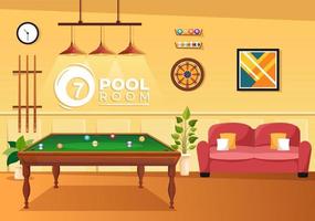 Billiards Game Illustration with Player Pool Room with Stick, Table and Billiard Balls in Sports Club in Flat Cartoon Hand Drawn Templates vector