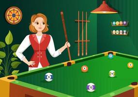 Billiards Game Illustration with Player Pool Room with Stick, Table and Billiard Balls in Sports Club in Flat Cartoon Hand Drawn Templates vector