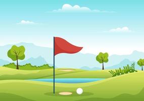 Golf Sport Illustration with Flags, Cart, Sticks, Green Field and Sand Bunker for Outdoors Fun or Lifestyle in Flat Cartoon Hand Drawn Templates vector