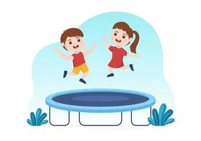 Trampoline Illustration with Little Kids Jumping On a Trampolines in Hand Drawn Flat Cartoon Summer Outdoor Activity Background Template vector