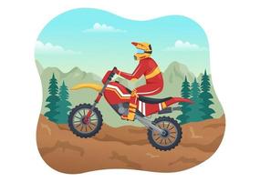 ilustración de motocross con un ciclista montando una bicicleta a través de barro, caminos rocosos y aventura en una plantilla dibujada a mano de dibujos animados planos de deportes extremos vector