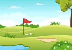 ilustración de deporte de golf con banderas, carro, palos, campo verde y búnker de arena para diversión al aire libre o estilo de vida en plantillas planas dibujadas a mano vector