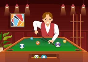 Billiards Game Illustration with Player Pool Room with Stick, Table and Billiard Balls in Sports Club in Flat Cartoon Hand Drawn Templates vector